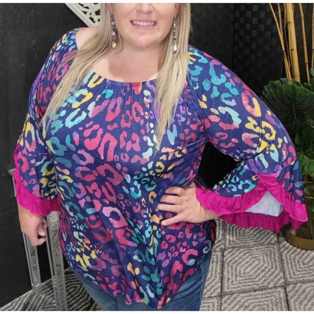 Lilypad Navy & Multi Leo Off the Shoulder Top with Bell Sleeves